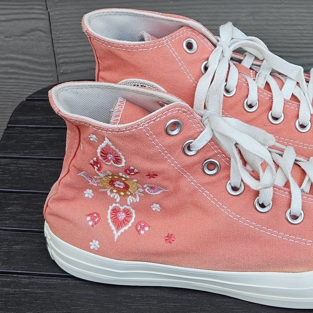 Converse Hi Top Shoes Heart & Floral Embroidery Bright Madder Pink A02203C 9.5 - Picture 5 of 15